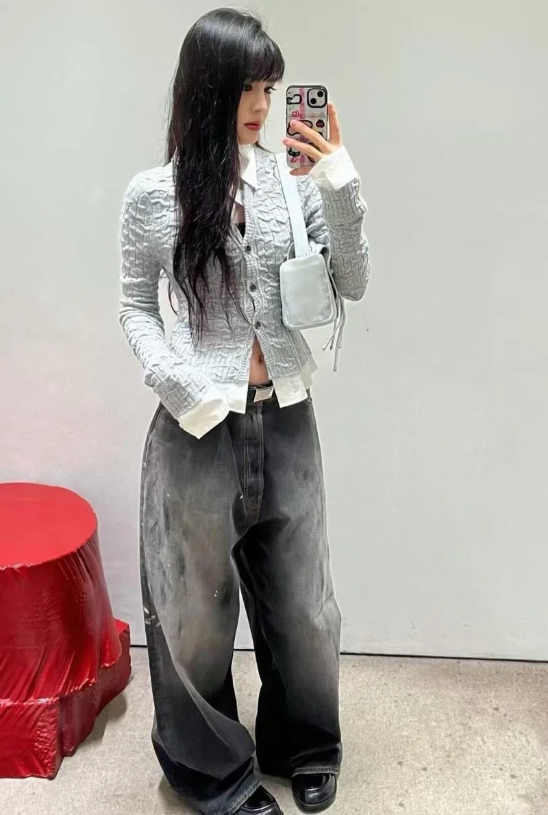 2024 Winter New Women's Jeans Fashion Retro Splash Ink Women's Jeans Pure Cotton Wide Leg Pants y2k Low Waist Straight Leg Pants