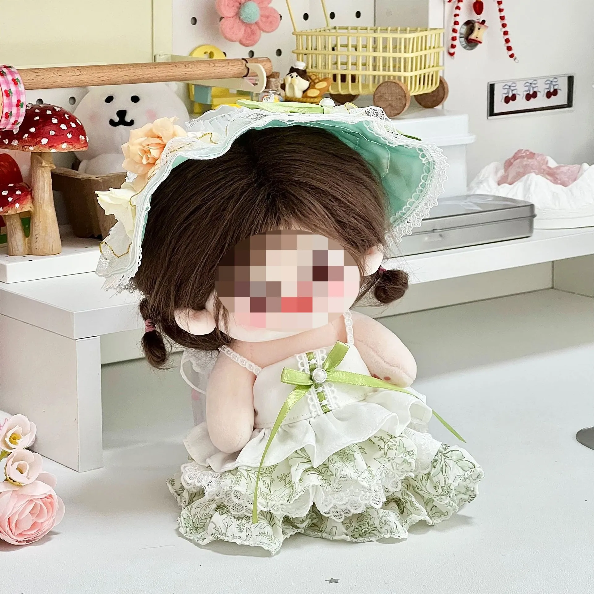 ชุดตุ๊กตาผ้าฝ้ายน่ารักขนาด 20 ซม. ชุดเจ้าหญิงพร้อมหมวกสีเขียว