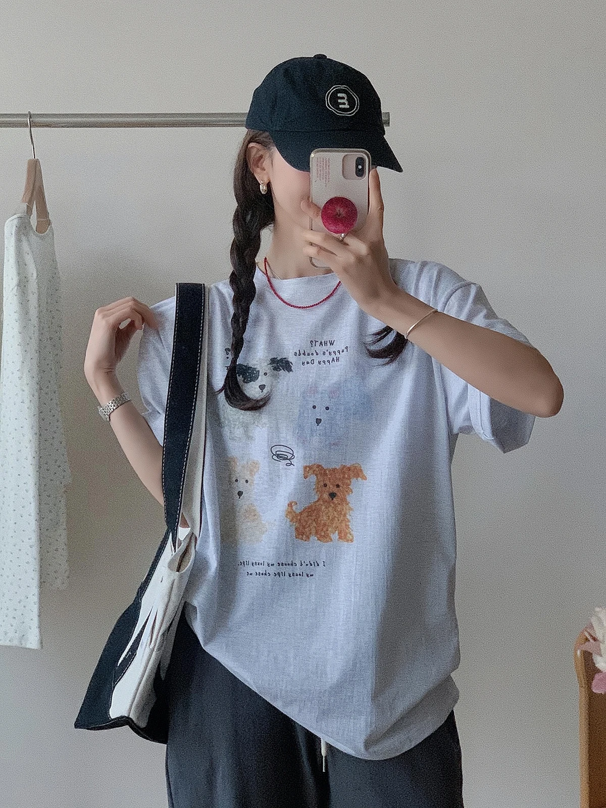 Loose Casual Women's T-shirt Short Sleeve Sakura Cartoon Graffiti  Print Dog Walking Summer Top Cotton 100% round Neck
