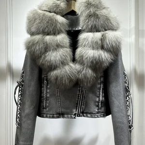 نسائي الثعلب الحقيقي طوق الفراء فو جلد جاكيت خمر طية صدر السترة مفجر فضفاض معطف PU نسائي سحاب كبير خريف شتاء 2022 أعلى 8 مبيعات معطف فرو الثعلب الحقيقي - No7