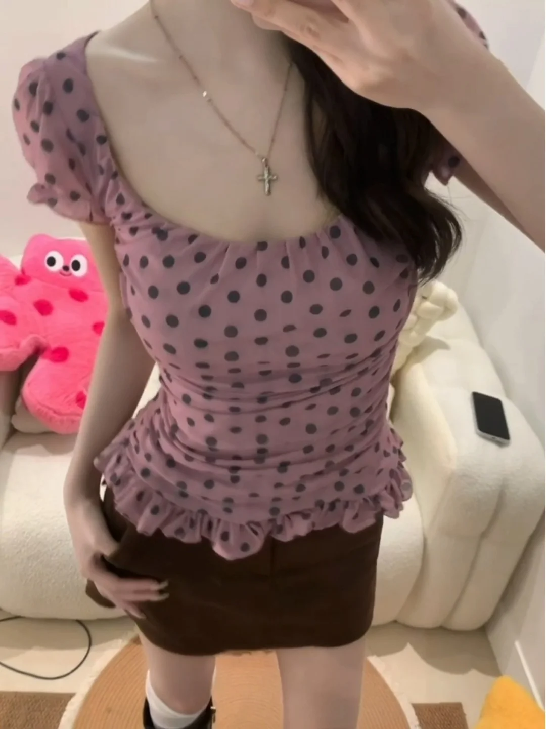American Style U-Neck Polka Dot Bubble Short Sleeve T-Shirt Women Summer New Slimming Mesh Transparent Sexy Folded Citywalk Top