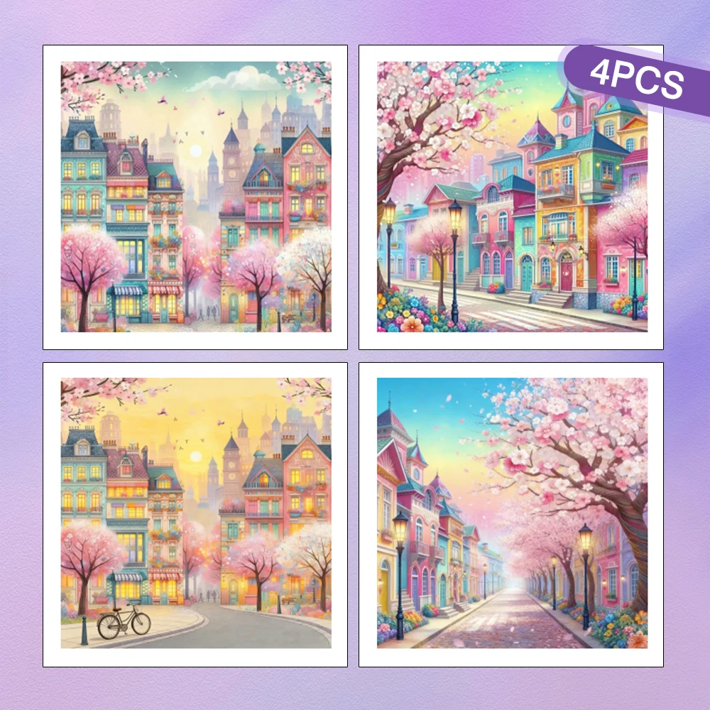 HUACAN 4PCS Haus Diamant Malerei Kits Landschaft 5D Diy Diamant Mosaik Kirschblüte Baum Natur Volle Runde Bohrer