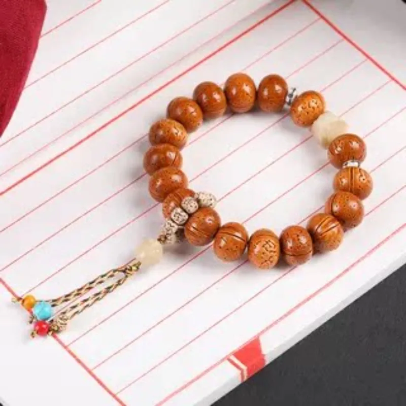 Chinese Style Natural Wild Peach Pit Beaded Bracelet Lucky Fortune Blessing Handmade Prayer Beads Tassel Design Wrist Jewelry