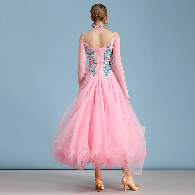 Pink Contrast Color Off Shoulder Ballroom Competition Dance Dress Waltz Dress For Dancing Clothes Rumba Dance Costumes