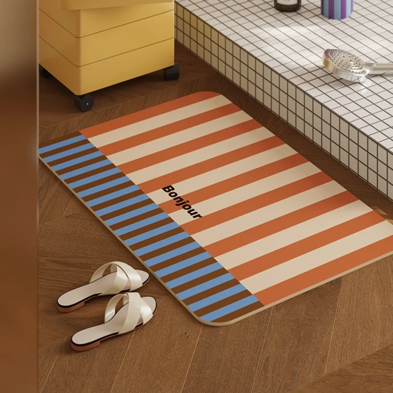 

Bathroom Carpet Non-slip Floor Mat Absorbent Diatom Mud Foot Mats Contrast Stripes Home Decoration Rug for Toilet Shower Area