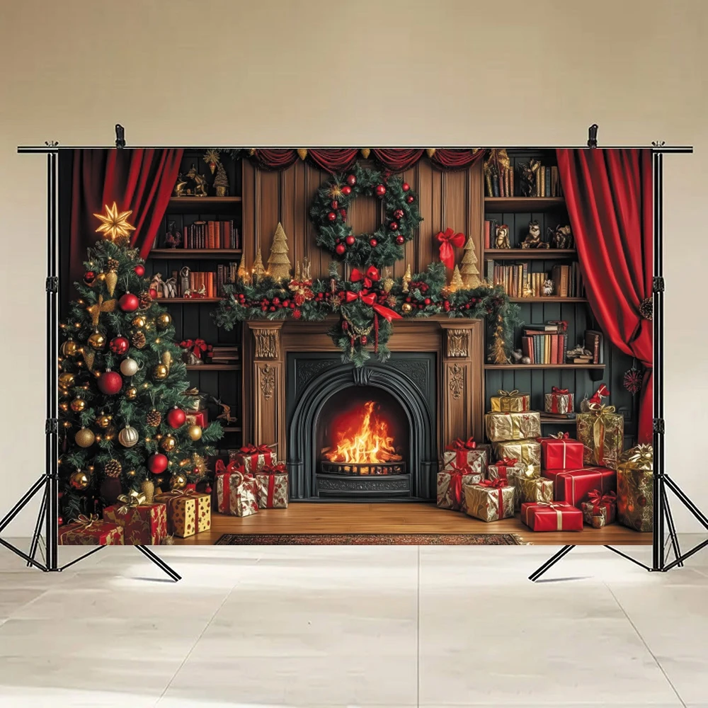 Acogedor fondo de Navidad para interiores, chimenea, árbol de Navidad, medias de oso de peluche, decoración para fiestas navideñas, fondo de fotografía para niños y adultos