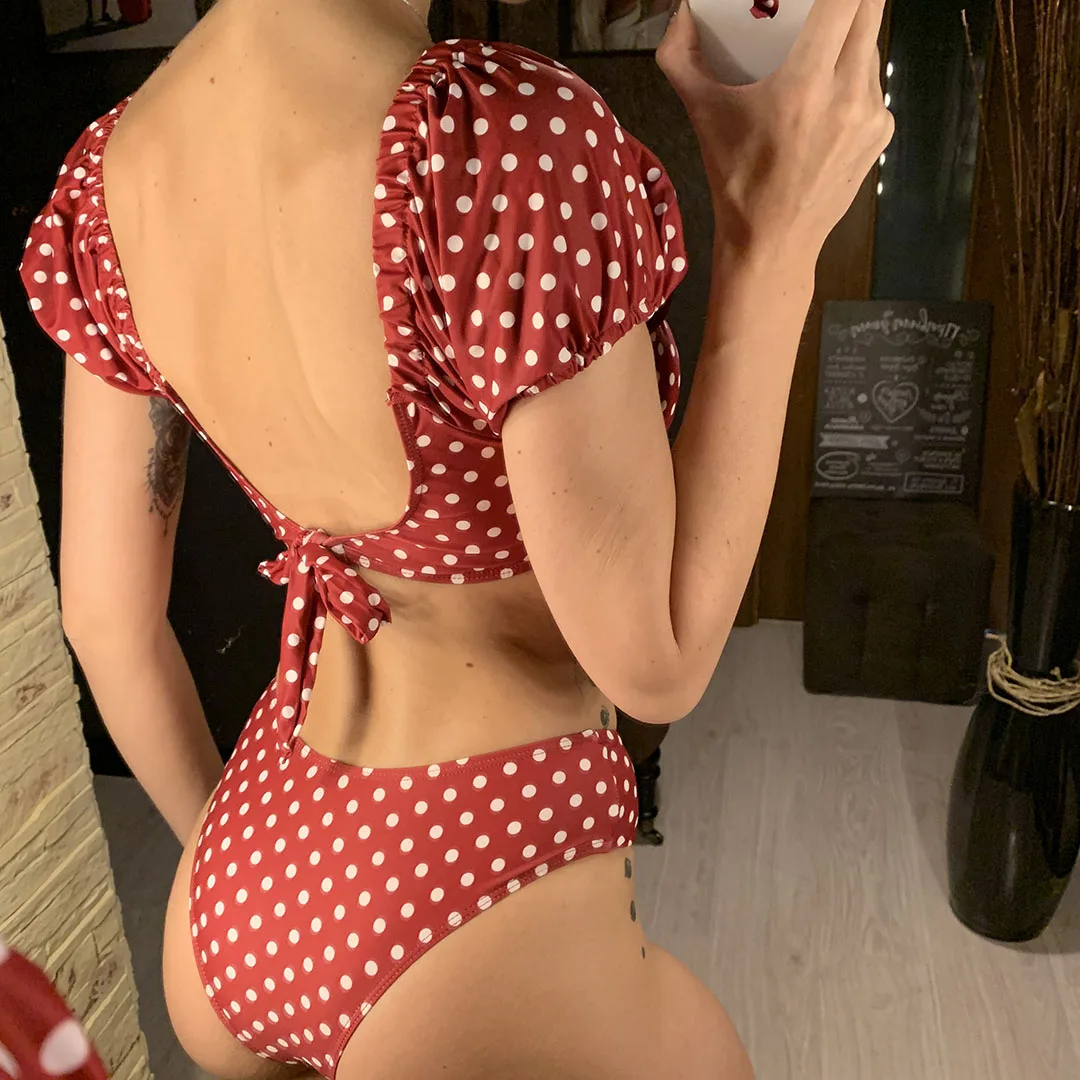 NEU Sexy Polka Dots V-Ausschnitt Bikini mit mittlerer Taille, Damen-Badeanzug, zweiteiliger Bikini-Set, Badebekleidung, Badeanzug, Schwimmanzug V1909 – Detail 13