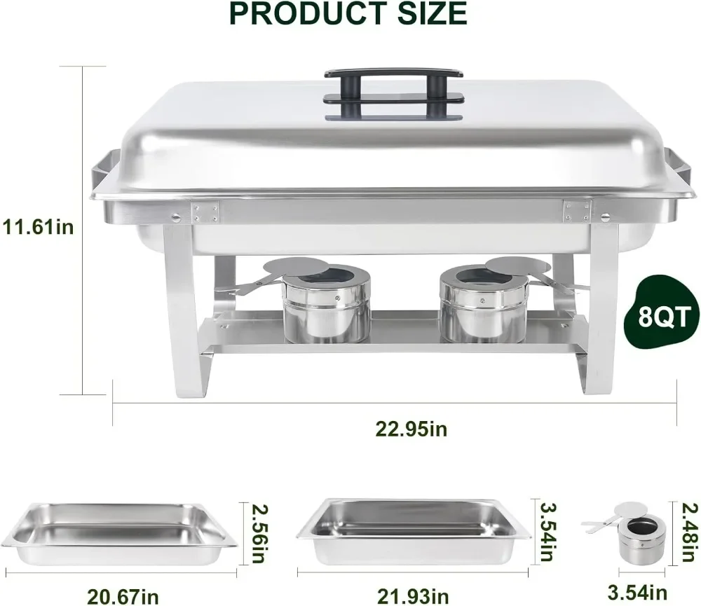 6 Pack Chafing Dish Buffet Set, 8QT Stainless Steel Rectangular Chafers and Buffet Warmer Sets for Catering, with Food & Water