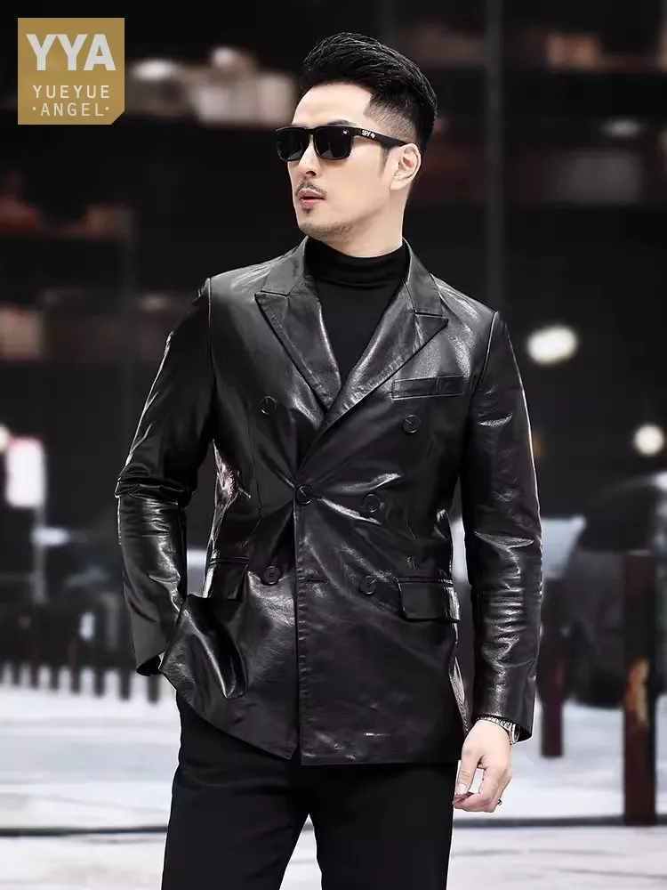 Autumn New Business Men Work Double Breasted Blazer Outerwear100% Real Goatskin Suit Coat Luxury Oil Wax Genuine Leather Jacket