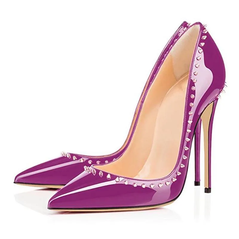 

New Riveted High Heels for Women, Thin Heels, Sexy Purple Lacquer Pointed Single Shoes, Shallow Mouth Style, One Step Stepping