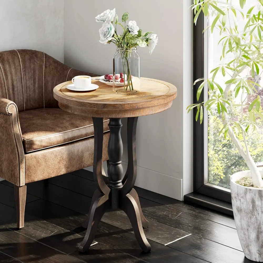 

Rustic Accent End Table, Farmhouse Side Table with Natural Top for Family, Dining or Living Room, Handcrafted Finish, Bla