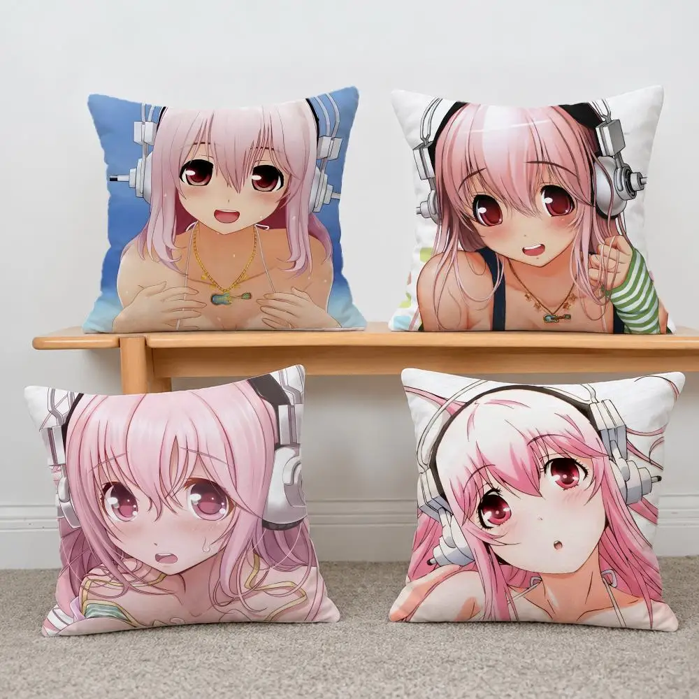 Anime Super Sonico  Cushion Cover Short Plush Pillowcase, Sofa Bedroom Home Decor & Holiday Gift