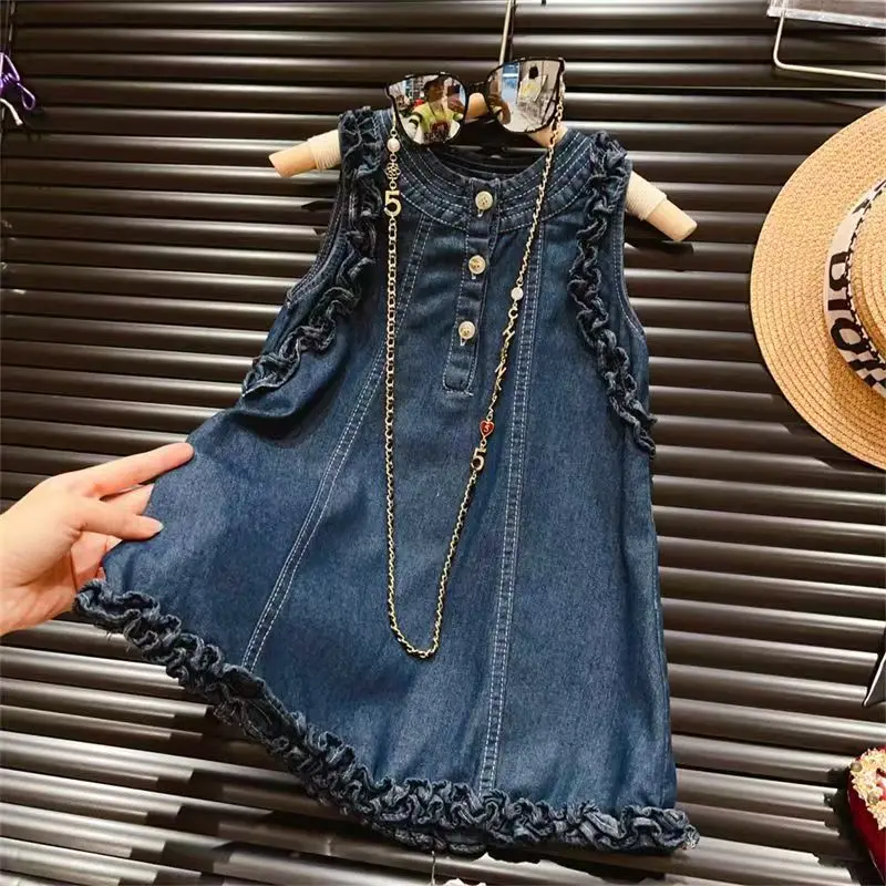 2025 New Korean Girl's Tank Top Water Washed Cowboy Dress Summer Fashion Ear Edge Baby Sleeveless Lace Dress 2-7Y