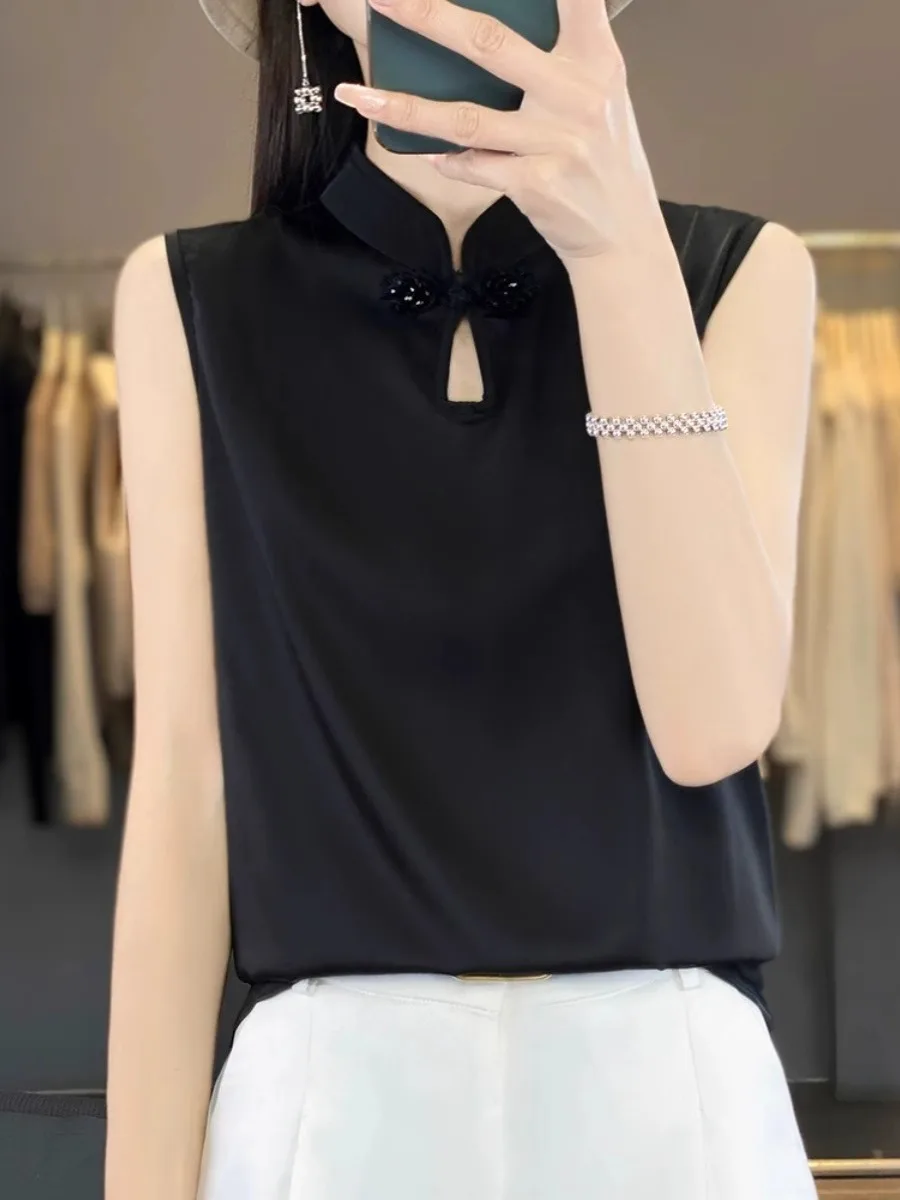 Silk Stand Collar Vest Women's Fashionable Sleeveless Base Shirt Vintage Atmosphere Inner Wear Top Quality Material