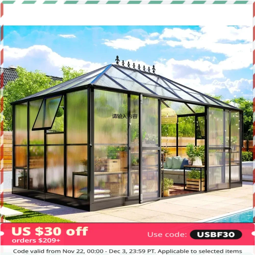 14x9.5x9 FT Polycarbonate Greenhouse- 6 FT Wall Height Outdoor Aluminum Greenhouses with 2 Ventilation and Rain Gutter