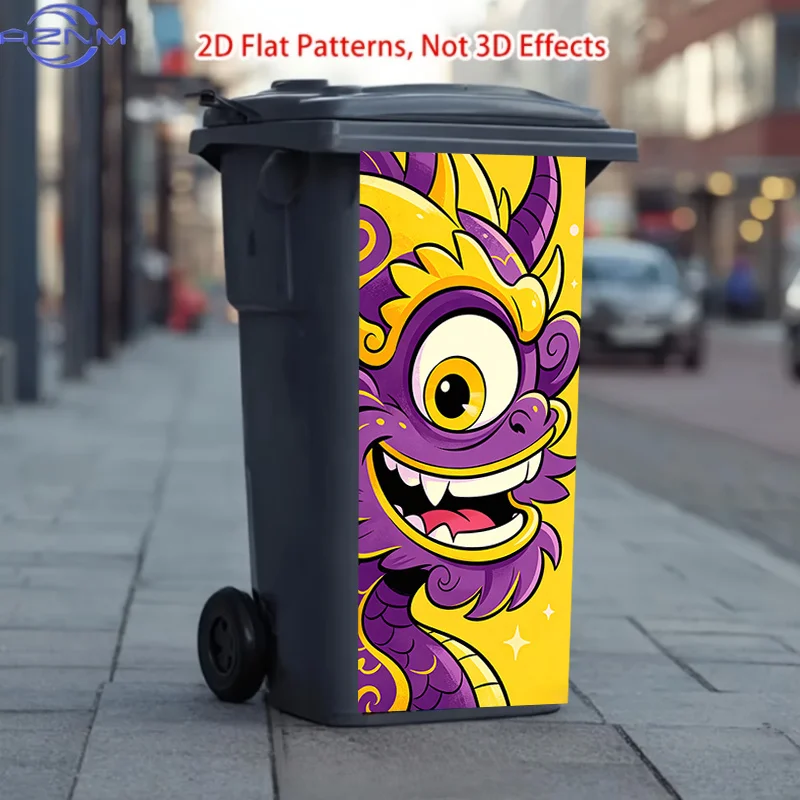 2D Flat Printing: of Trash Can Sticker Featuring a Purple-Golden One-eyed Cute Dragon Design. This Sticker Is Easy to Apply an
