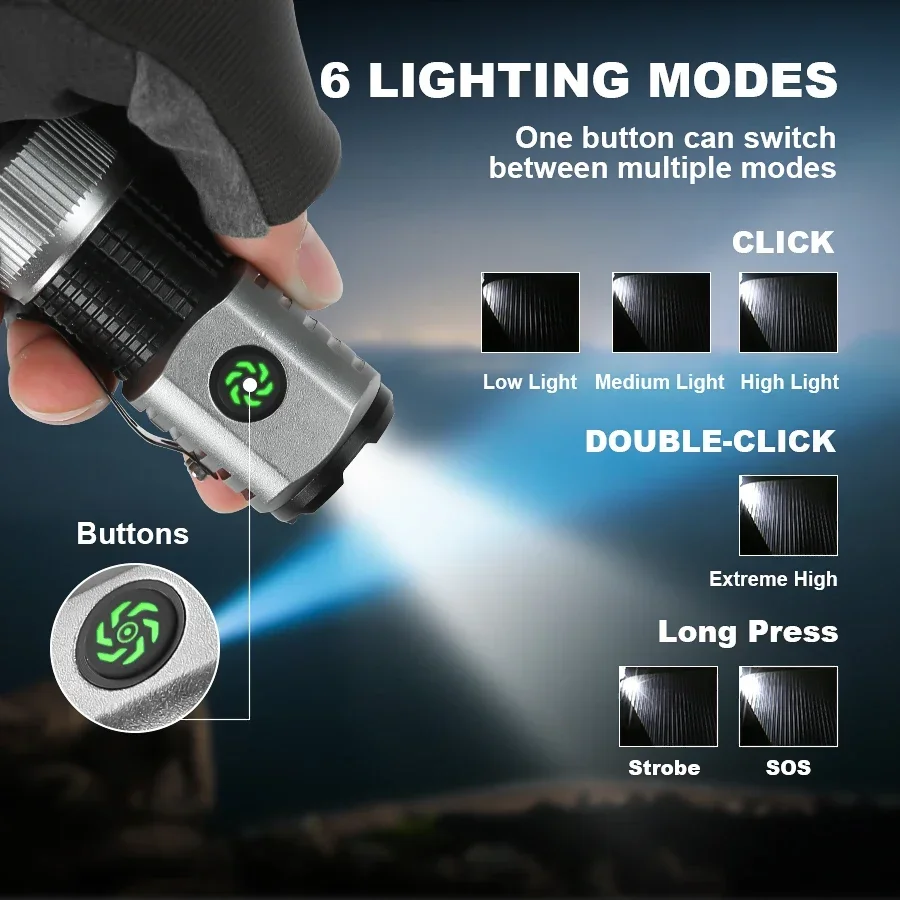 Mini Flashlight Type-c Rechargeable EDC 4 LED Pocket Torch with Tail Magnet Outdoor Camping Emergency Lamp 18350 Battery