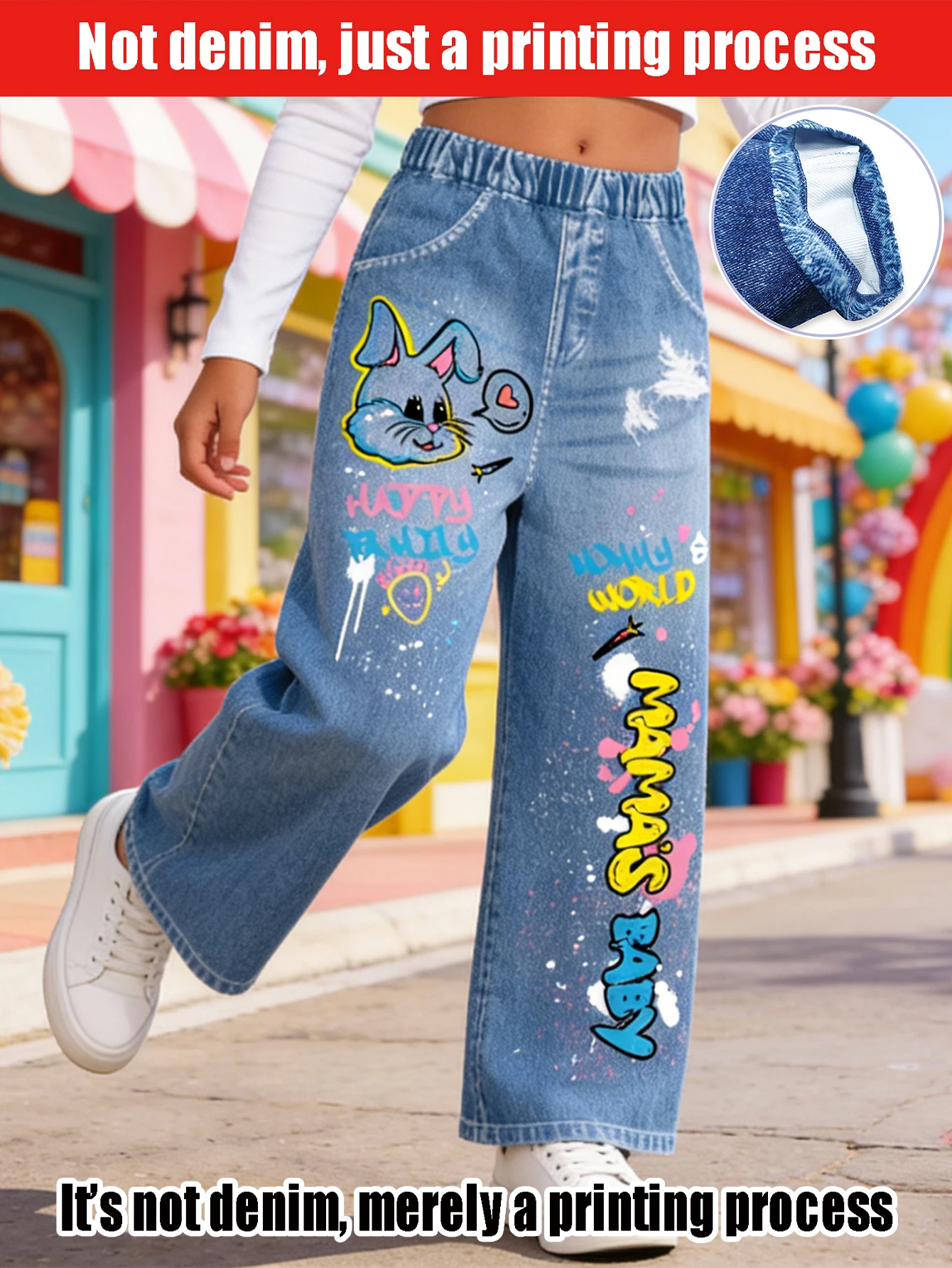 2026 children's explosion cartoon rabbit graffiti simulation jeans, children's back to school, casual fashion trousers