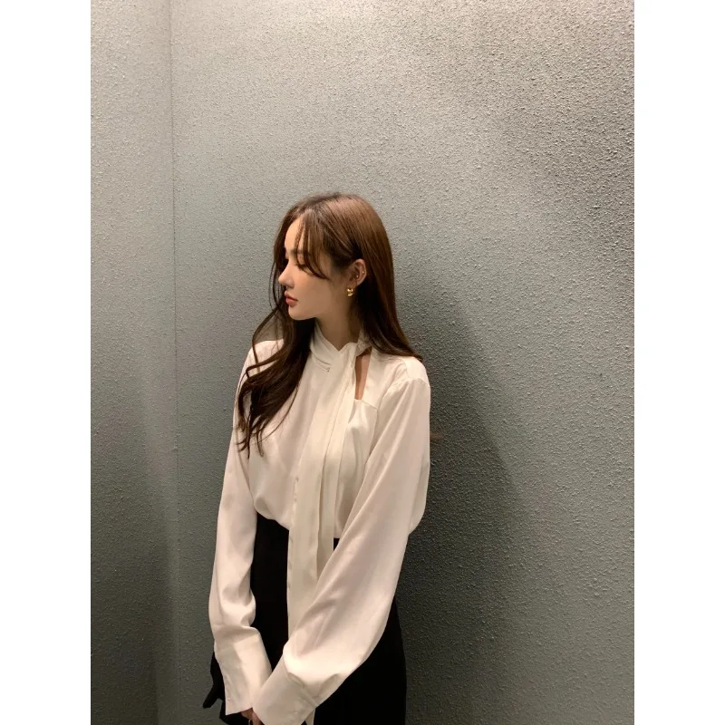 Spot size update Korean chic autumn French bow lace-up long sleeve shirt women's layered temperament shirt