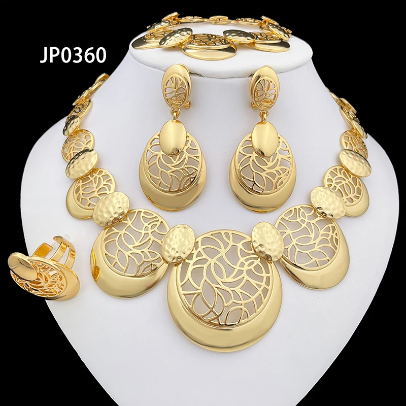 Luxury Design Gold Color Jewelry Set For Women Quality Trending Dubai Necklace Earrings Bracelet And Ring Wedding Party Gift