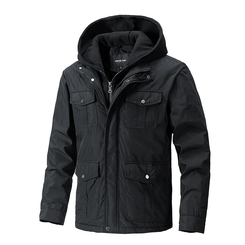 

Jackets Men Coats Thick Vintage Coat Hooded Zipper Splice Two Piece Jacket Warm Full Sleeve Casual Pockets Autumn Winter