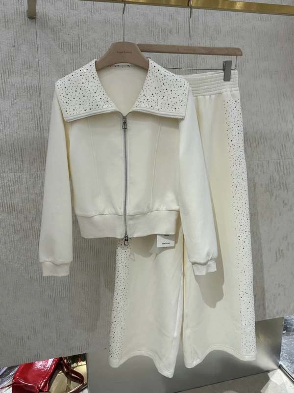 

Anti-Aging Casual Glitter Air Cotton Two-Piece Set Spring 2026 Navy Collar Wide Leg Pants Fashionable Women's Set Ins