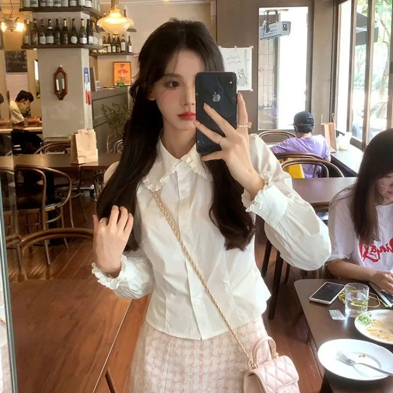 Lace Women Shirt Korean Style Long Sleeve Top Female Autumn Slim Solid Fashion Woman Blouse 2024 Ruffles White Button Clothes