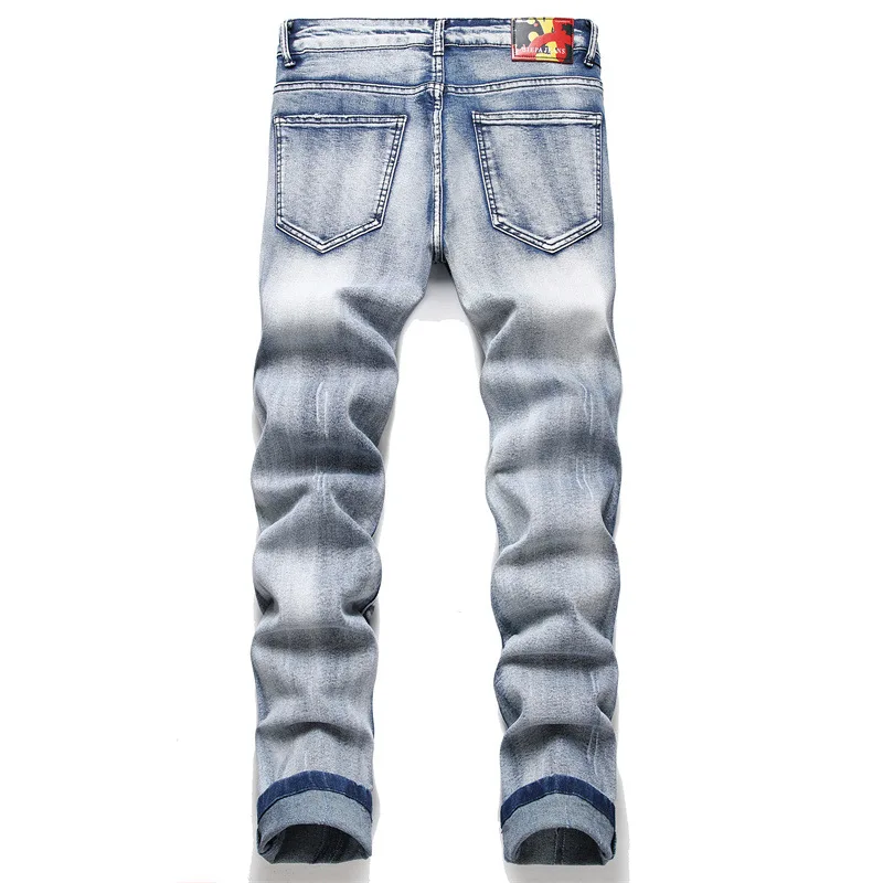 Men Pattern Printed Jeans Trendy Letters Lightning Painted Stretch Denim Pants Vintage Blue Ripped Slim Tapered Trousers