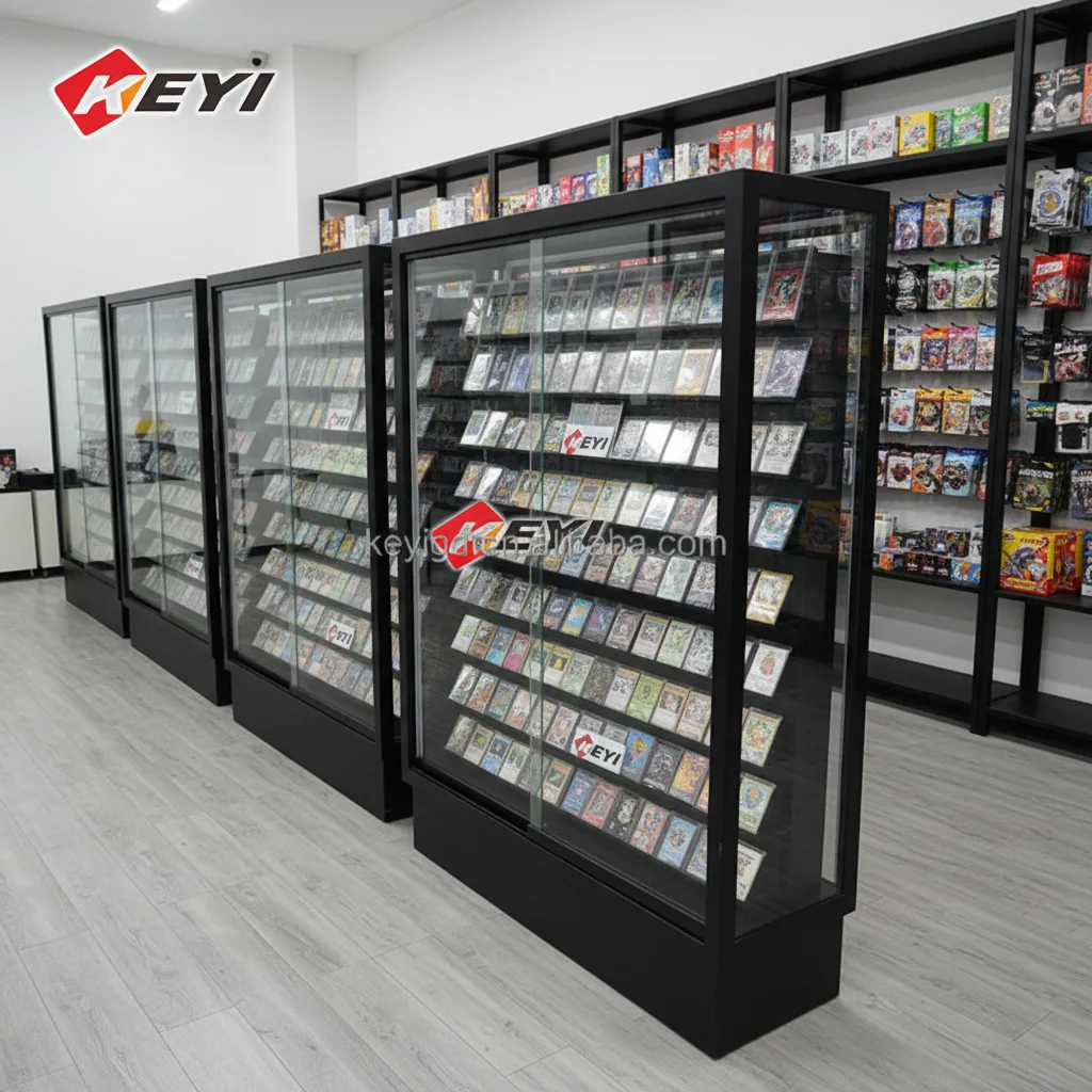 Double Sided Aisle Tempered Glass Sliding Lockable LED Display Cabinet TCG Trading Cards Sport Baseball Card Display Stand