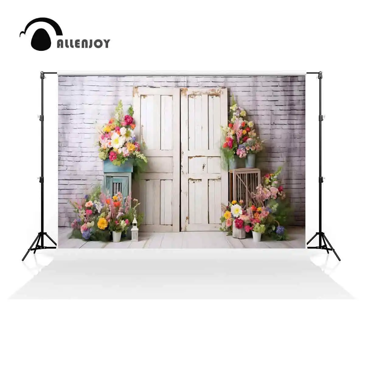 Allenjoy Spring White Wooden Door Floral Photography Backdrop