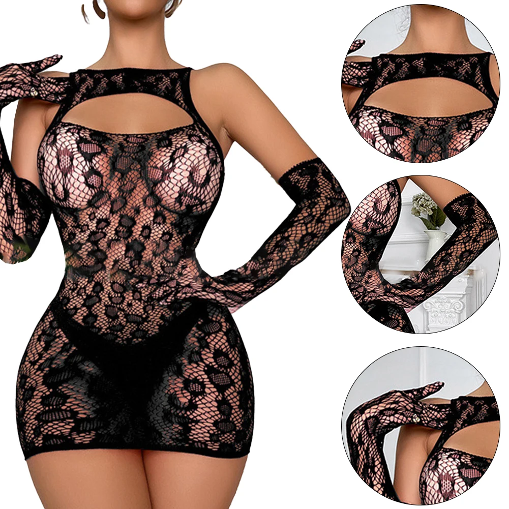 المرأة مثير الجاكار بقماش شفاف انظر من خلال Bodycon فستان الورك التفاف فستان النوم منظور فستان النوم قفازات مجموعة الملابس الداخلية المثيرة