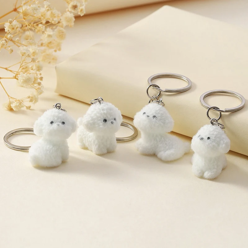 3D Cartoon Flocking White Dog Auto Keychain Cute Puppy Animal Keyring Bag Pendant Backpack Trinkets Car Decor Accessories Gift