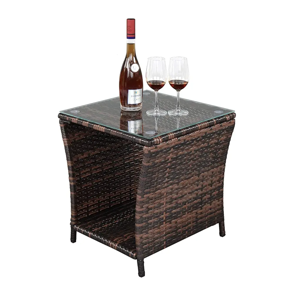 Outdoor Wicker Side Table Patio Side Tables for Outside, Tempered Glass Top Wicker Table with Storage End Table for, Customized