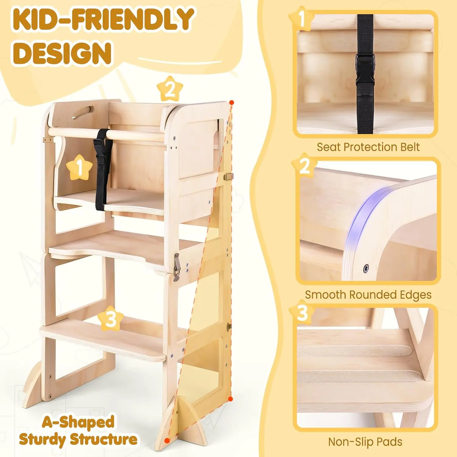 Kitchen Step Stool with Wooden Stool, Foldable Learning Standing Tower with Blackboard & Feeding Tray, Wooden Kitchen Stool Help