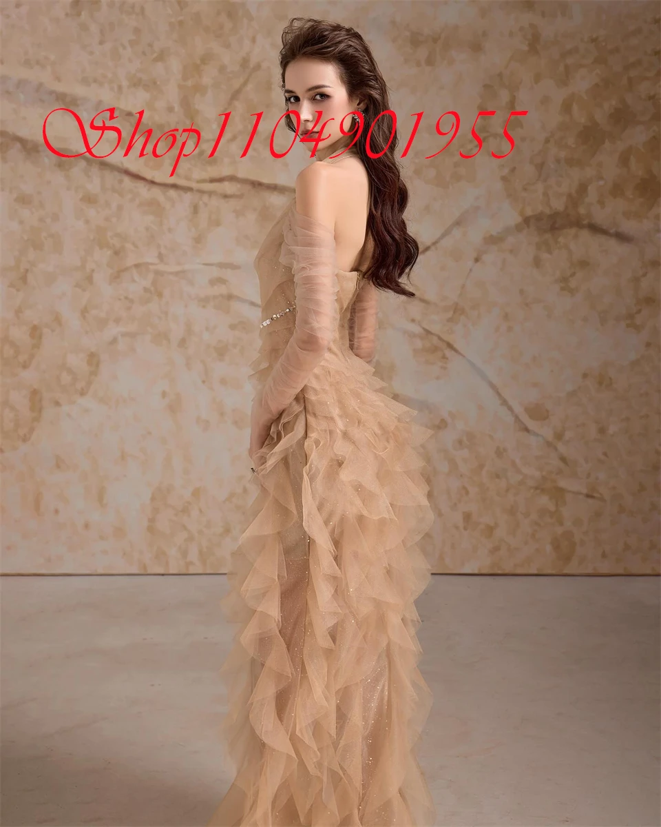 

Customized Classic Champagne Tulle Evening Dress Delicate Crew Neck Off the Shoulder Long Sleeves Zipper Back Homecoming Dress