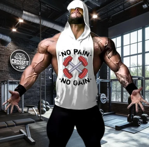 

New Type of Health Sports Running Hoodie Vest Top Adult Sleeveless Underwear Vest 2D Weightlifting Printed Four Season Gym