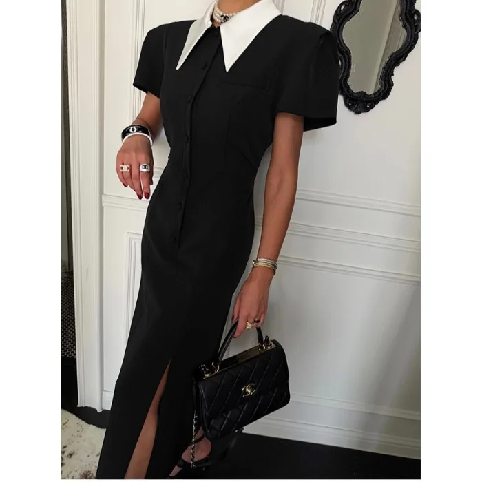 

Elegant Long Dress Women's Fashionable Versatile Design Color Matching Street Style Short Sleeve High Collar Casual Single Bu...