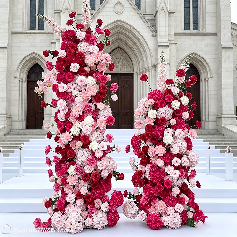 Knallrosa-weiße Rosen-Hortensien-Kunstblumen-Säulenständer für den Außenbereich, Garten, Pavillon, Hochzeitseingang, Dekoration, Hintergrunddekoration – Detail 5