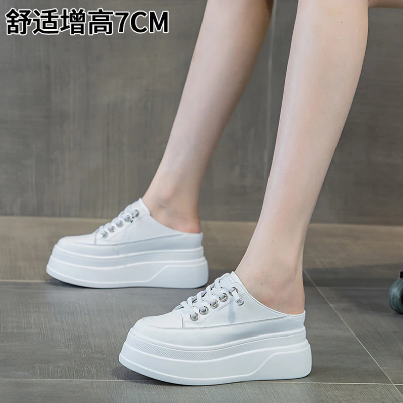 

White Platform Mule Sneakers Slip On Backless With Rhinestone Eyelets Ultra Thick Sole Height Increasing Casual Shoes Non Slip