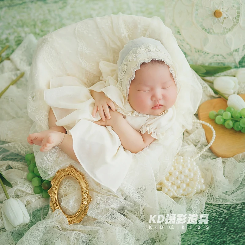 Baby Girl Cream Tulle Dress & Matching Lace Hat Newborn Photography Props Oil Painting-style Backdrop, Lace Umbrella Photo Prop
