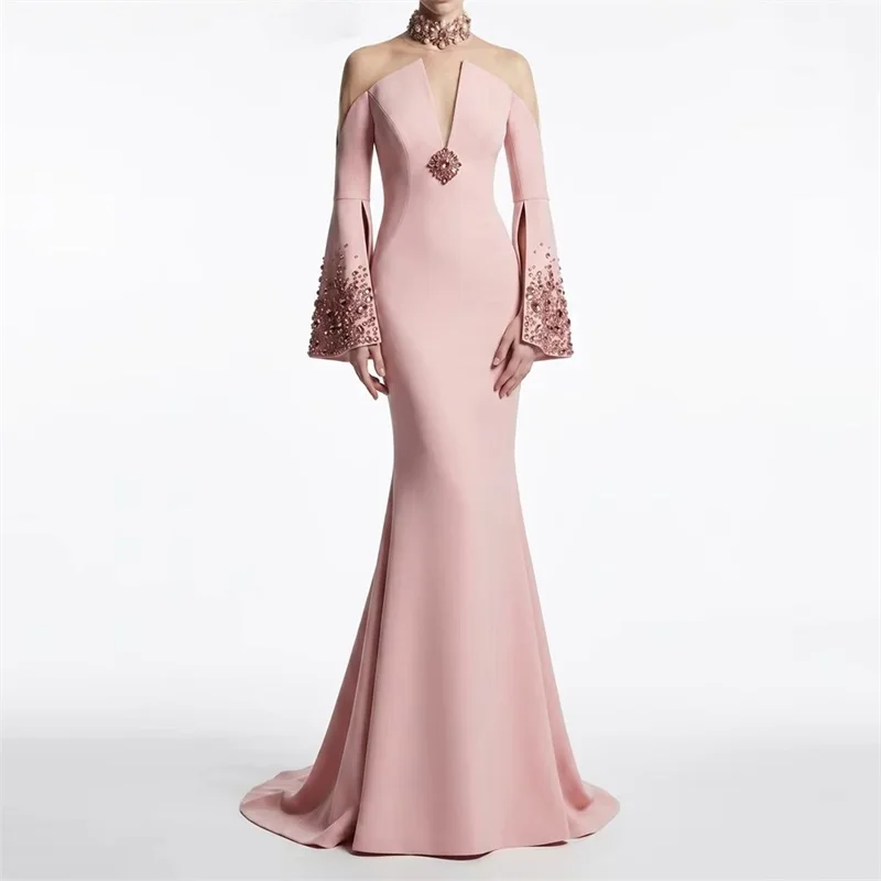 Pink Mesh Patchwork Maxi Prom Dress Luxury Beaded Rhinestone Mermaid Sweep Train Party Gown Elegant Formal Evening Wedding Robe