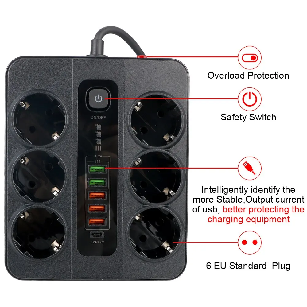 Extension Socket With Safety Switch Power Strip For Office Home EU Plug 3000W 2M Cable Overload Protection USB Type C Ports