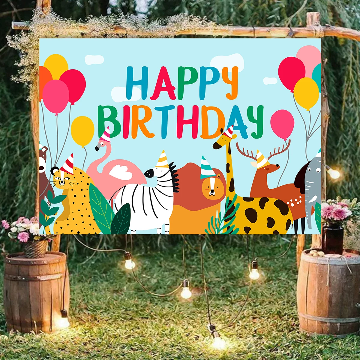 Animal Party Theme Photography  Kids Backdrop Happy Birthday Background Lion Customize Banner Children Bedroom Decoration