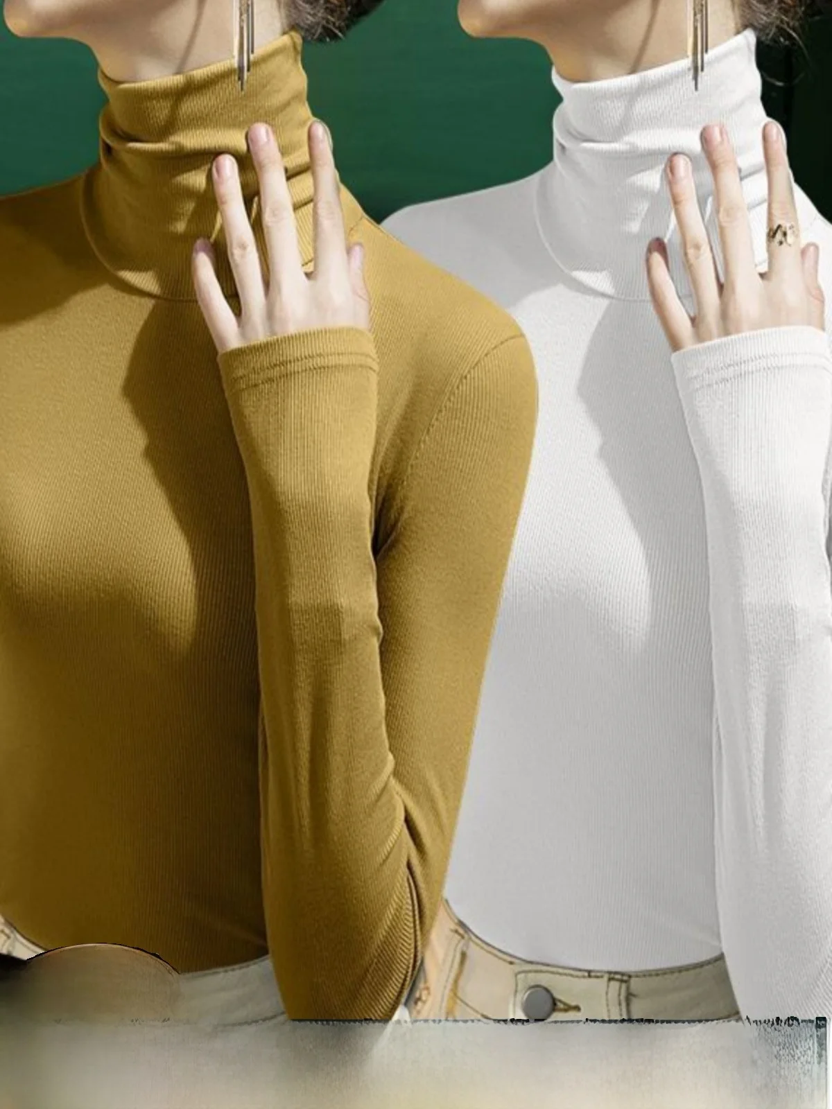 Double-Sided Velvet Long Sleeve Base Shirt Women's Slim Fit Inner Wear T-Shirt Collar Stack Stack Winter Autumn Two-Piece Set