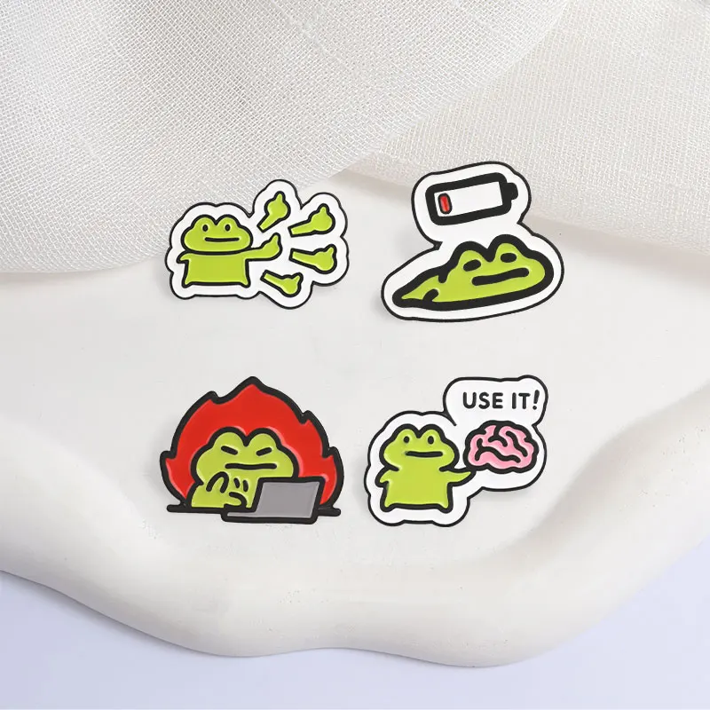 Cute Cartoon Badge Brain Low Battery Working Frog Enamel Pins Fashion Lapel Brooches Backpack Clothes Jewelry Gift for Friends