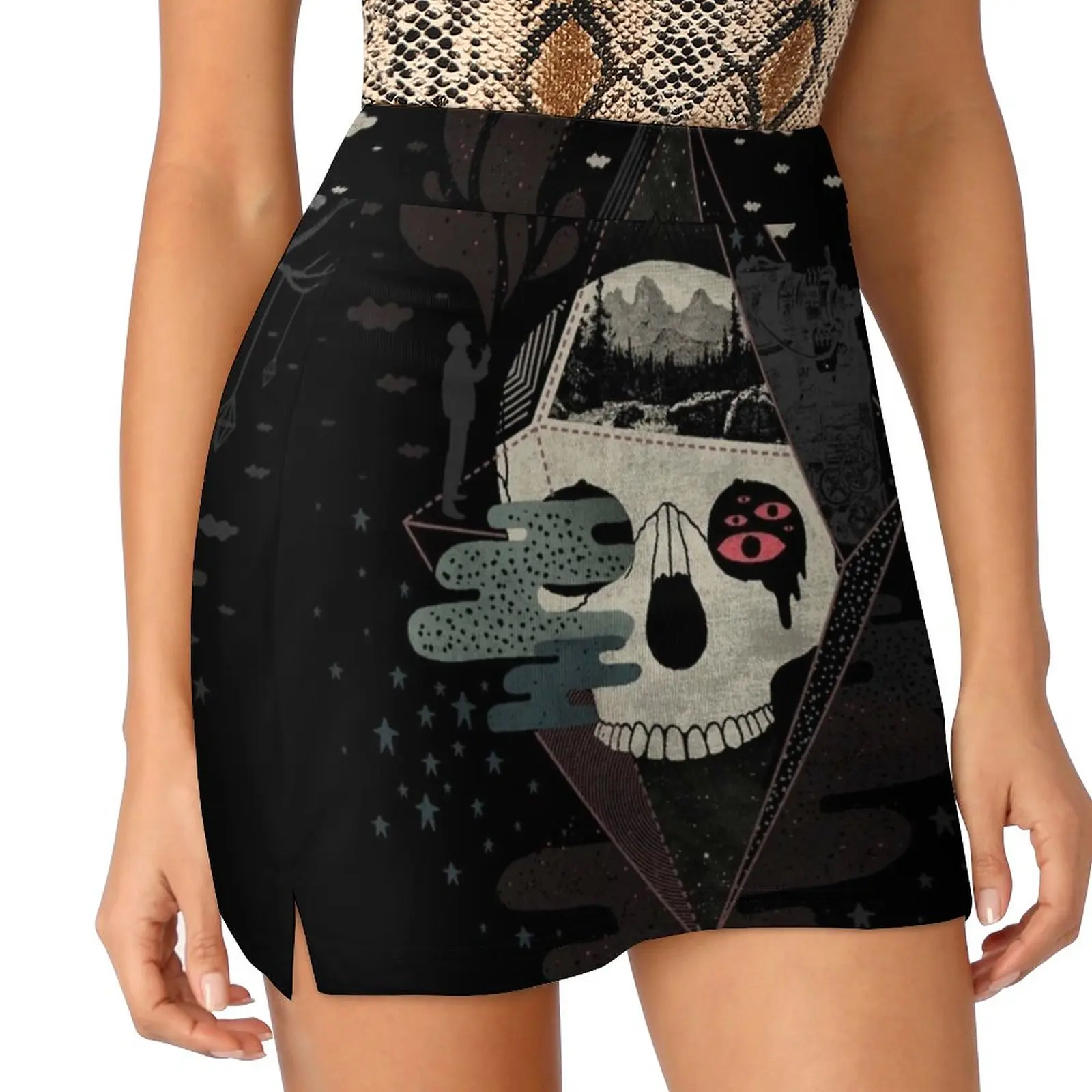 Happy Riddle Women's skirt Aesthetic skirts New Fashion Short Skirts Skull Surreal Surrealism Surrealistic Abstract Diamond