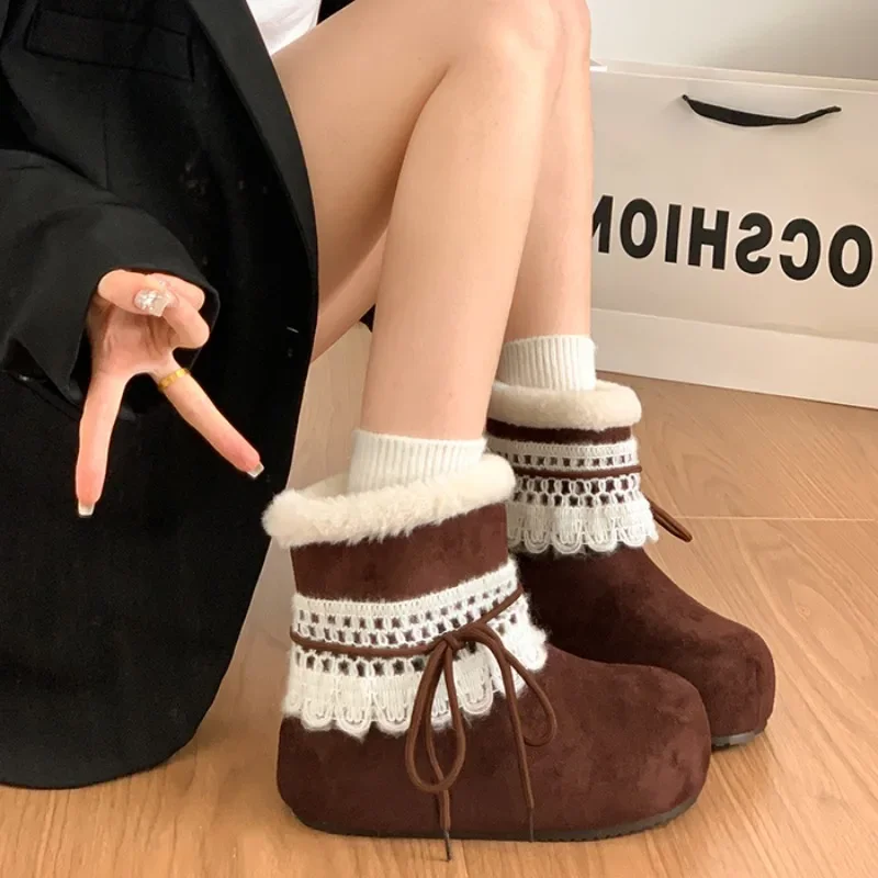 Winter Vintage Women Fur Lining Snow Boots Concise Internal Elevation Shoes Ladies Outdoor Comfort Warm Cotton Short Booties