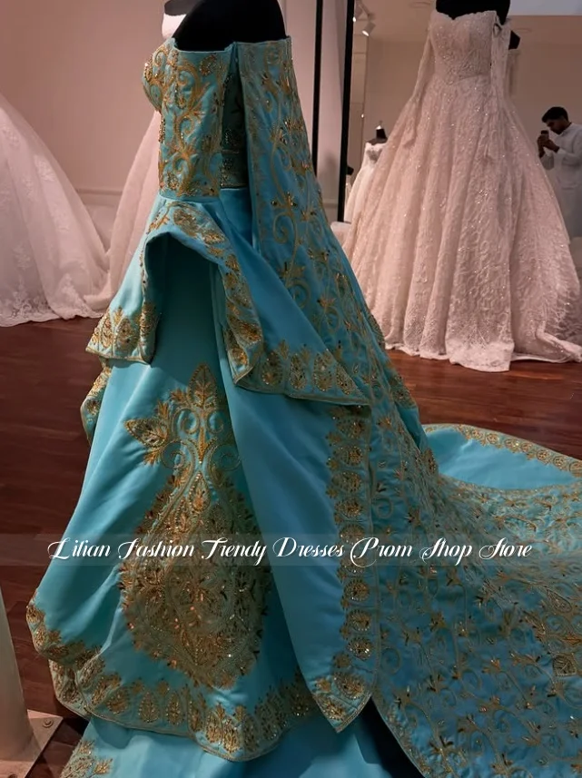 Gorgeous Traditional Wedding Dress Turquoise Gold Embroidery Customized Off-the-Shoulder Ethnic Bridal Gown Formal  Prom Dress