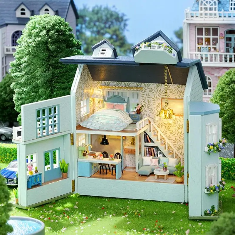 DIY Miniature House Kit Wooden Dollhouse Furniture with LED Mini Home Villa Garden Model Toy for girls Birthday Gift