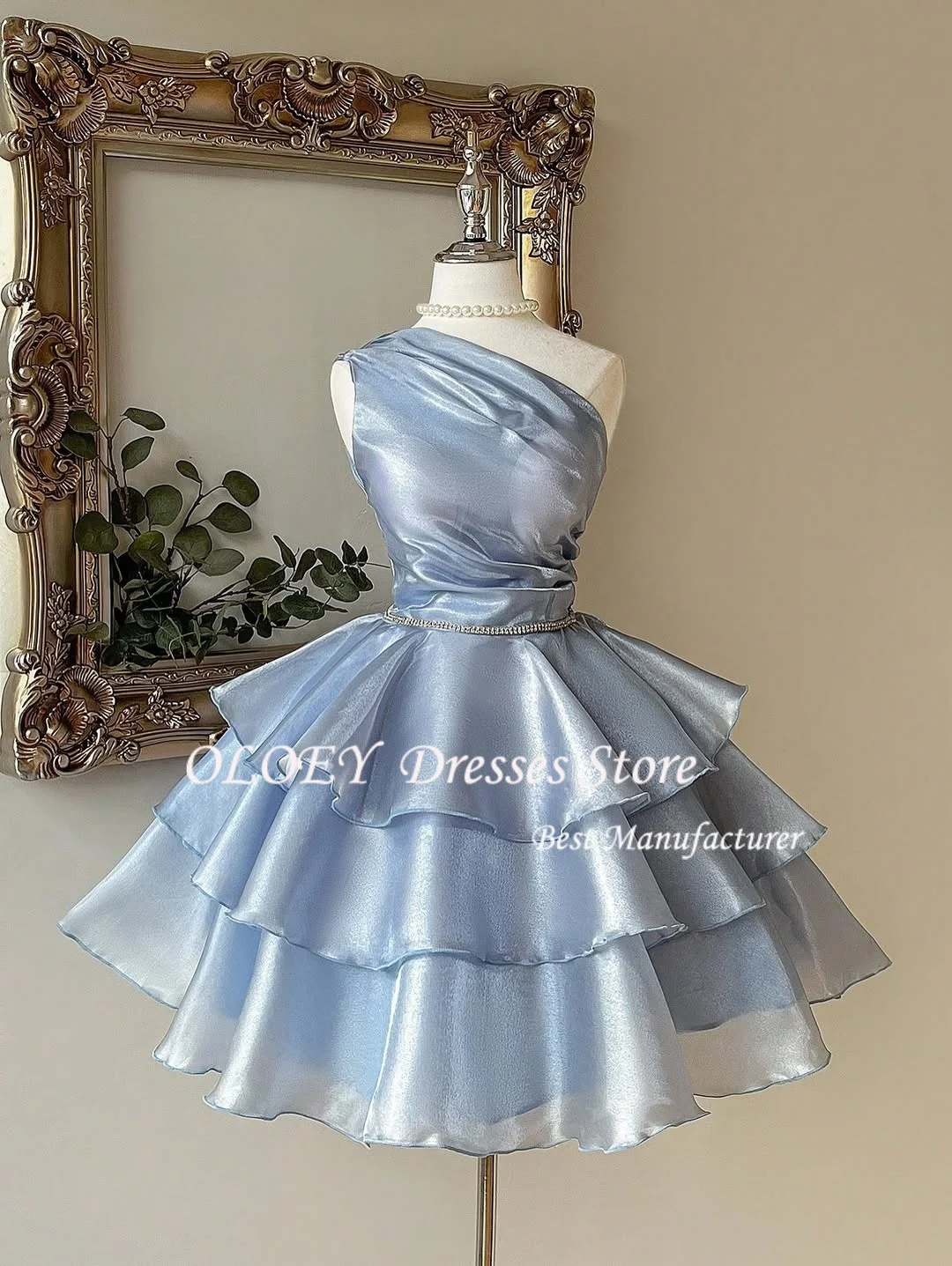 OLOEY Dusty Blue Elegant Evening Dress One Shoulder Layered Chiffon Short Party Dress Backless Sleeveless Formal Gown Customized